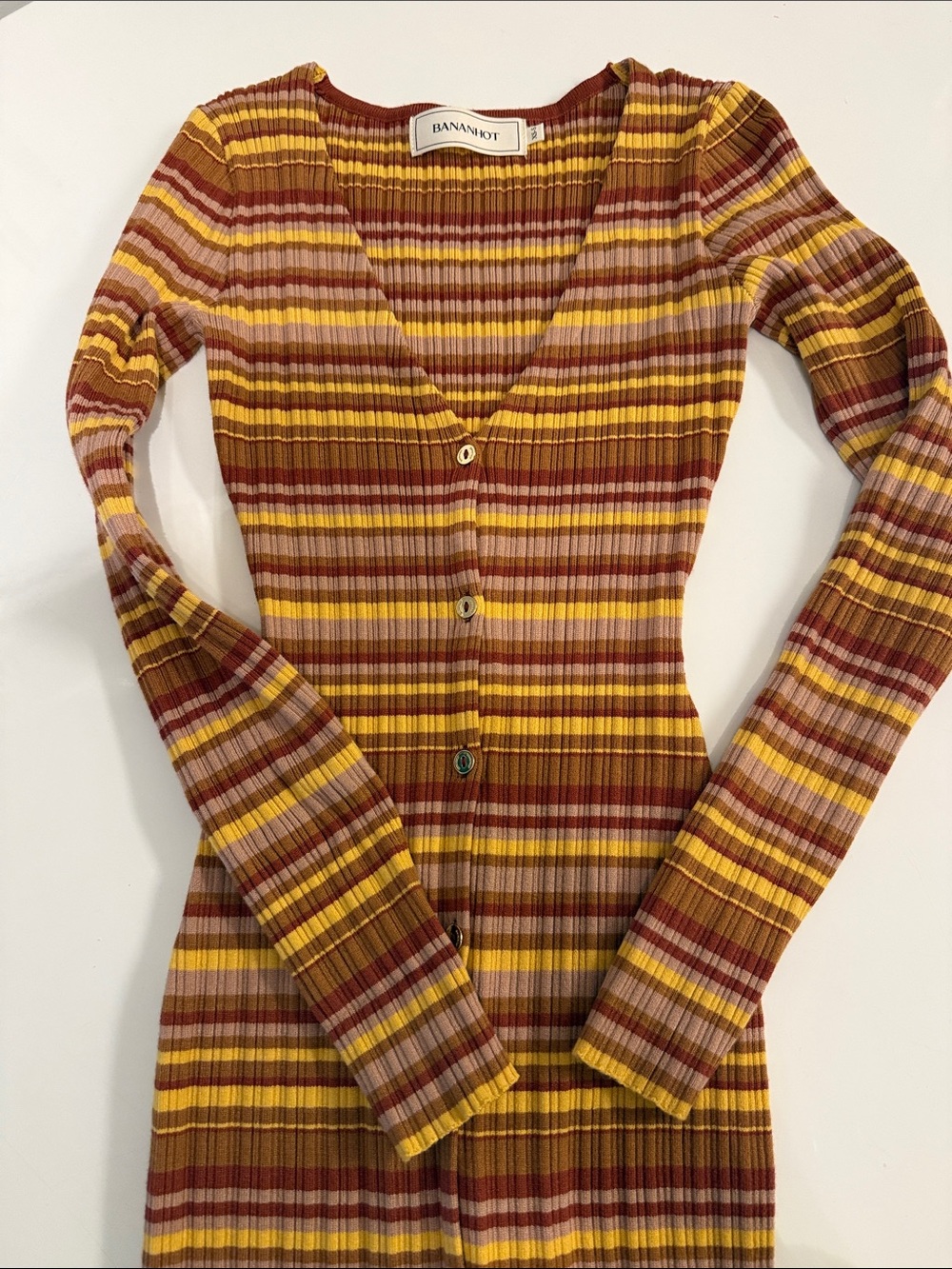 BANANA HOT Ribbed Long Sleeve Stripe Dress — Mustard/Burgundy